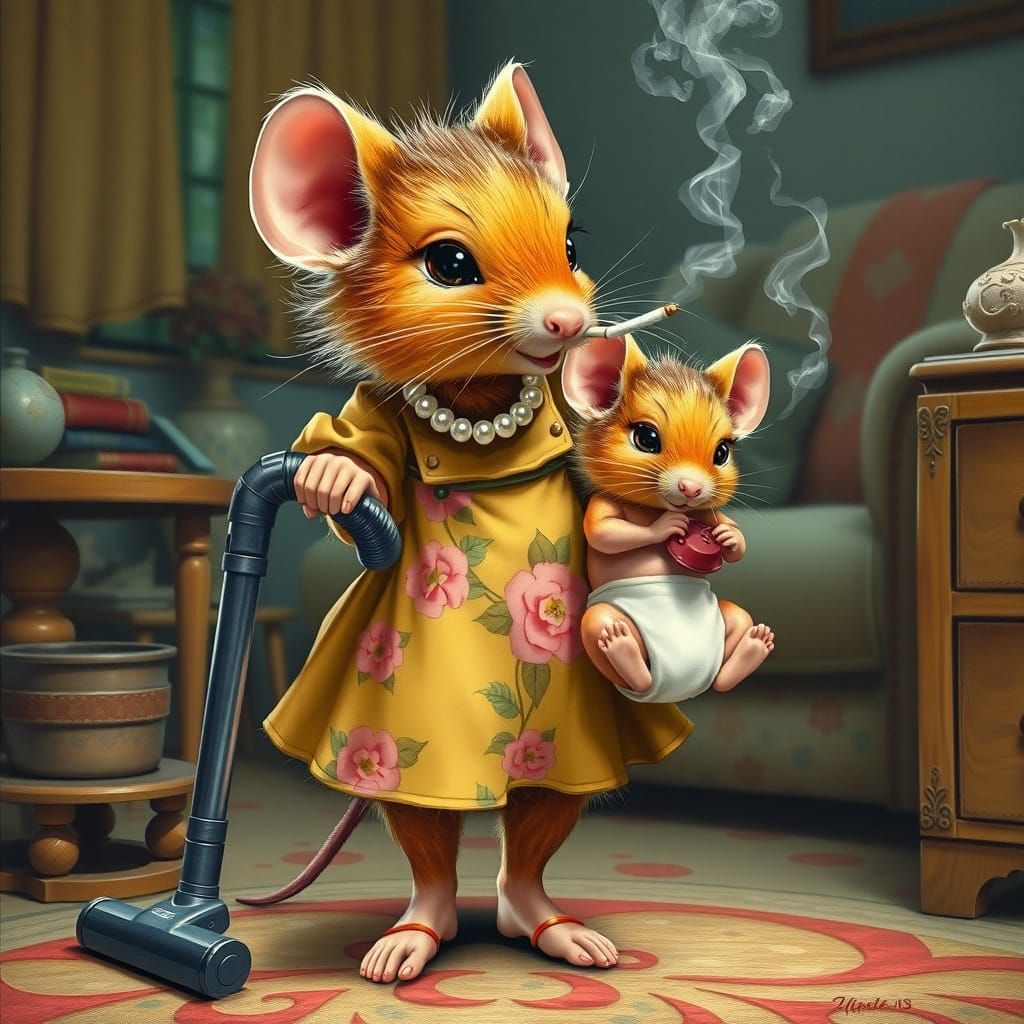 Cute Retro Mouse Mother in Nostalgic 1970's Dress