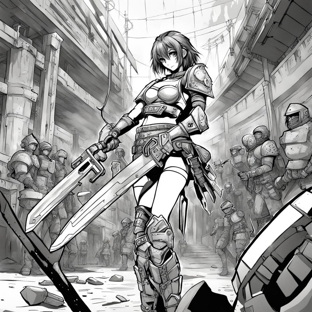 Cyberpunk Gladiator in Roman Arena: Anime Coloring Page