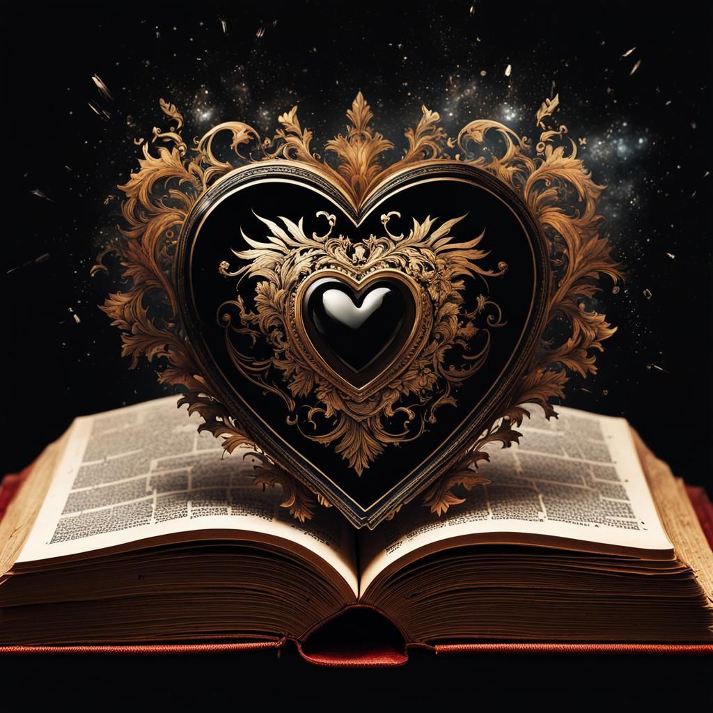 centered open bible with black heart family crest