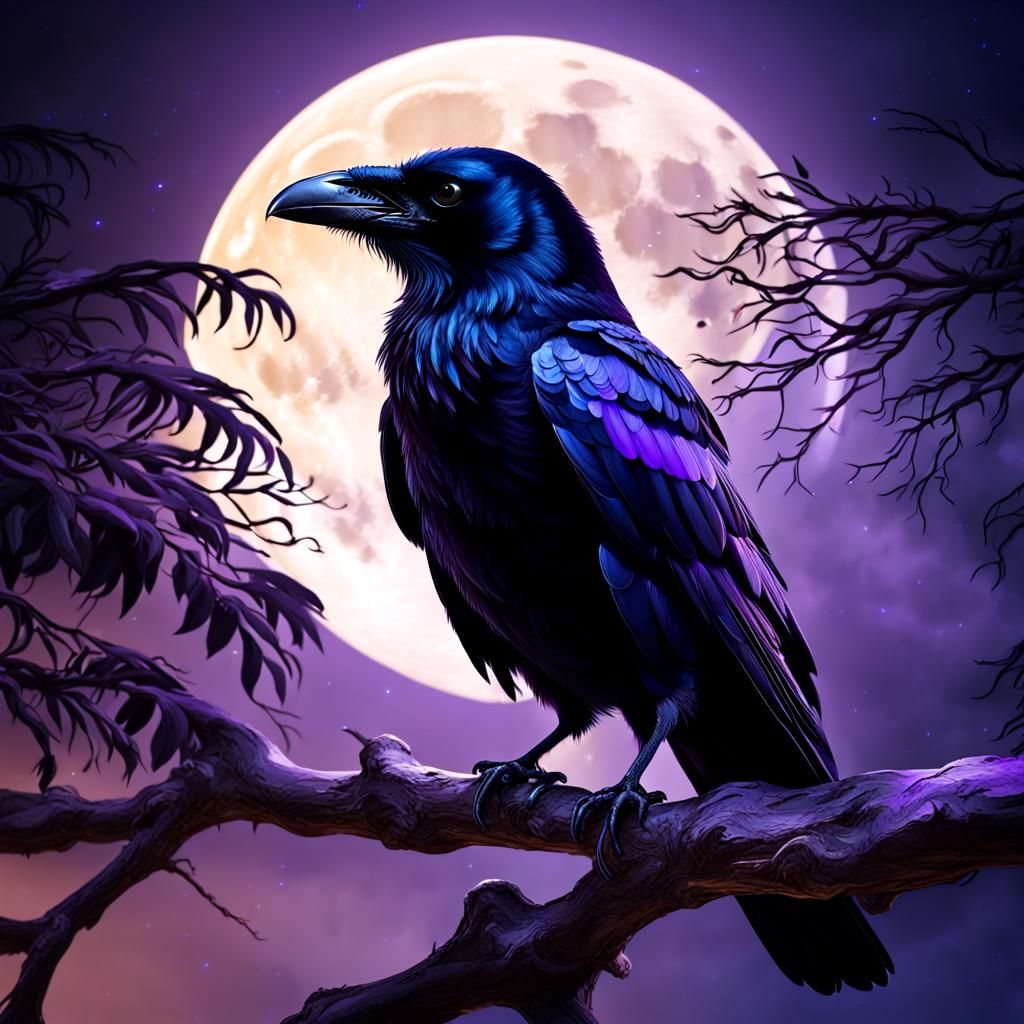 Detailed Crow Portrait with Glowing Moon Backdrop