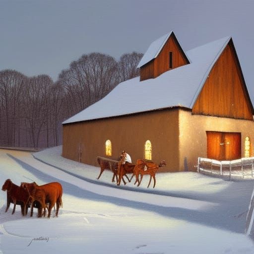 Christmas Holy Family Scene in Snowy Barn