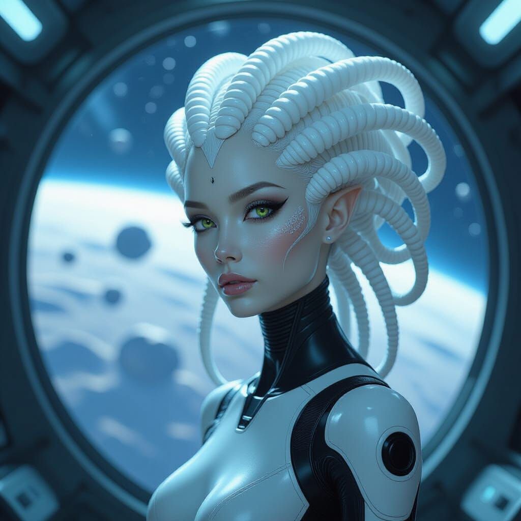 Alien Woman with Tentacles in Futuristic Space Station