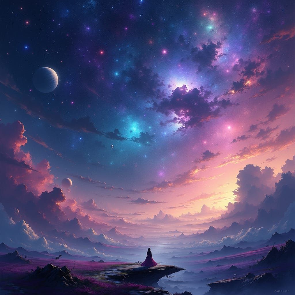 Cosmic Vista with Vibrant Nebulae and Shimmering Planet