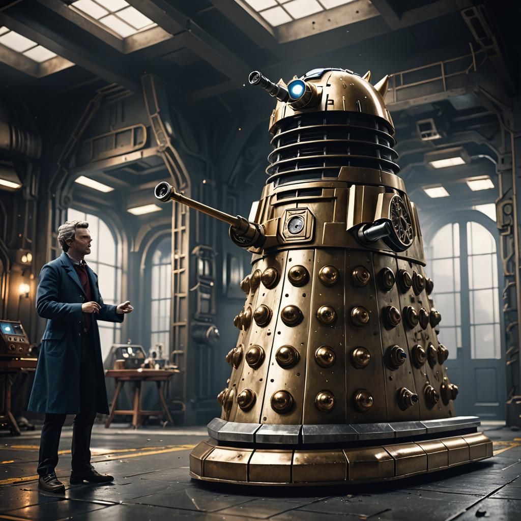 Dr. Who Greets a Dalek in Sci-Fi Scene