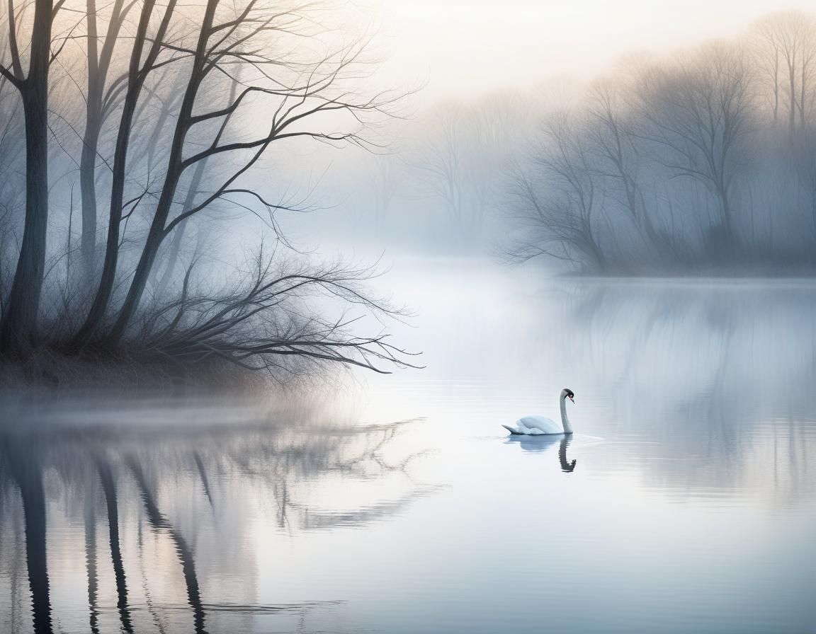 Misty Lake Swan in Watercolor Impressionism