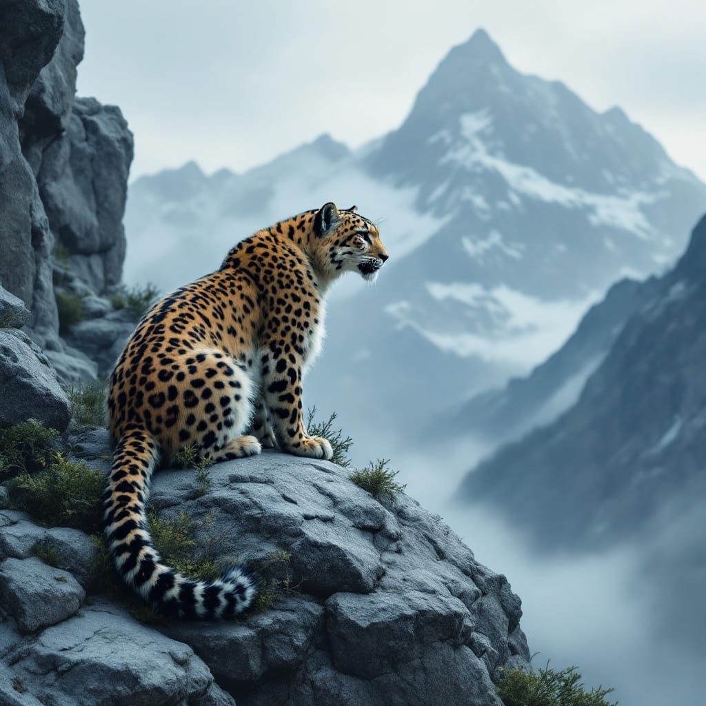 Black and Gold Leopard in Mystical Landscape