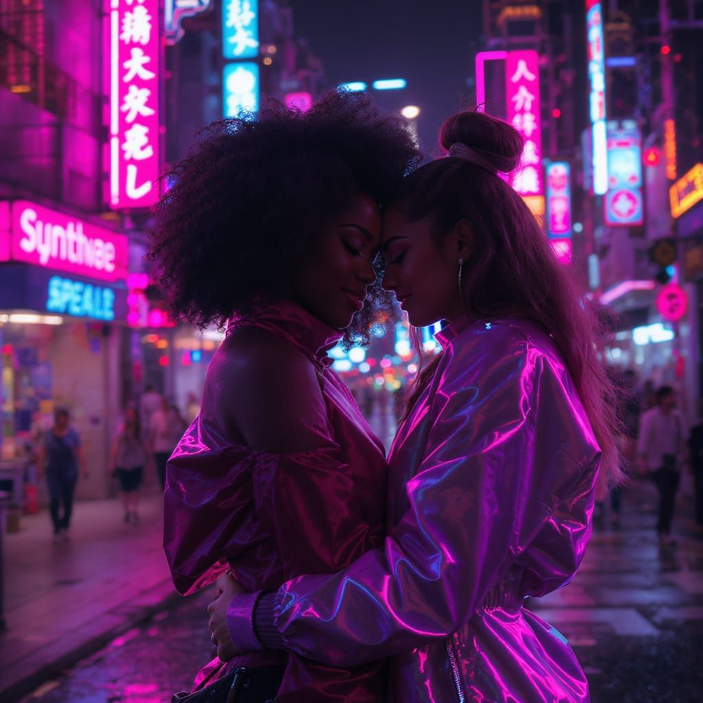 Synthwave City Embrace: Diverse Couple in Neon Glow