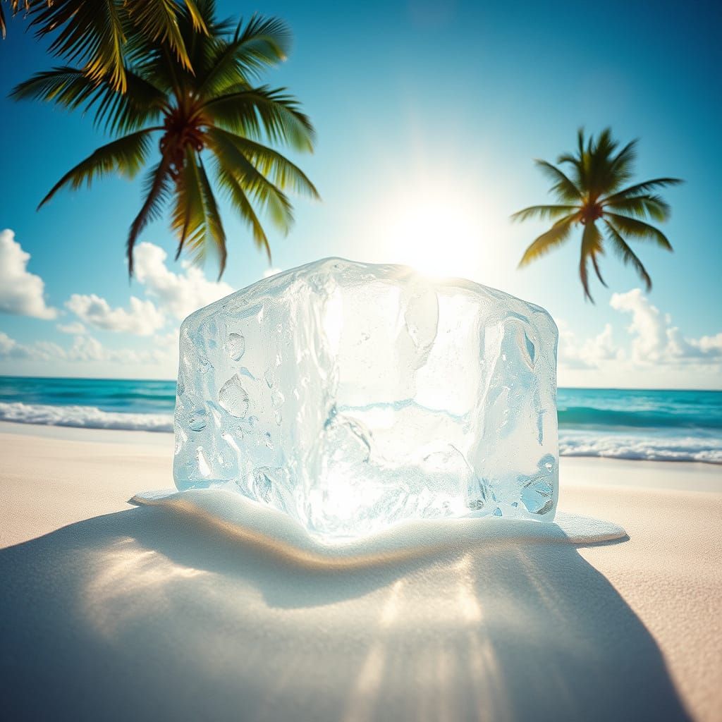 Ice Cube Melts on Caribbean Beach in Sunlight
