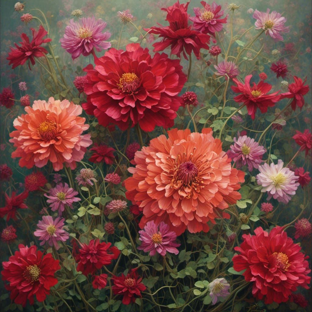 Floral Crimson and Clover Botanical Illustration