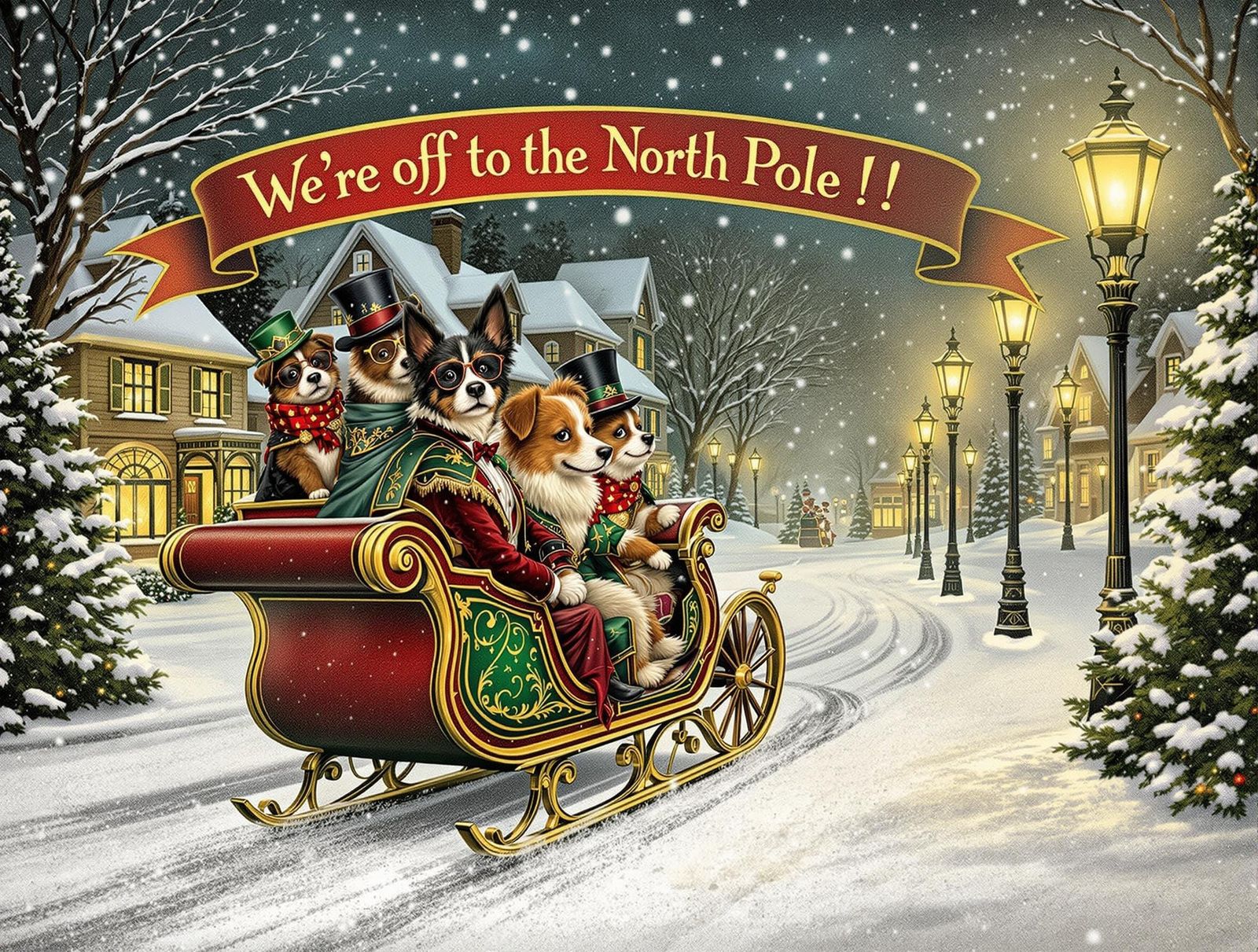 Victorian Pets' Sleigh Ride: Embossed Engraving