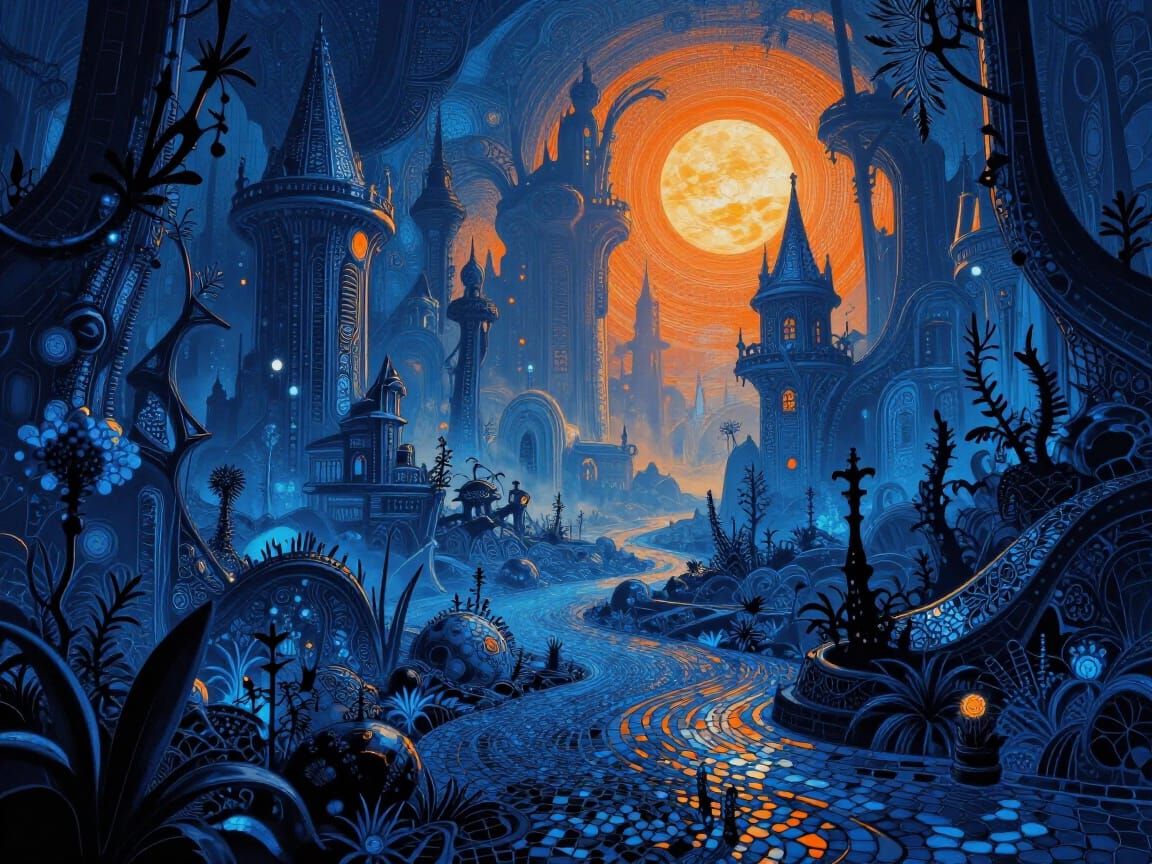 Surreal Stygian Blue Mosaic Landscape with Solarpunk Archite...