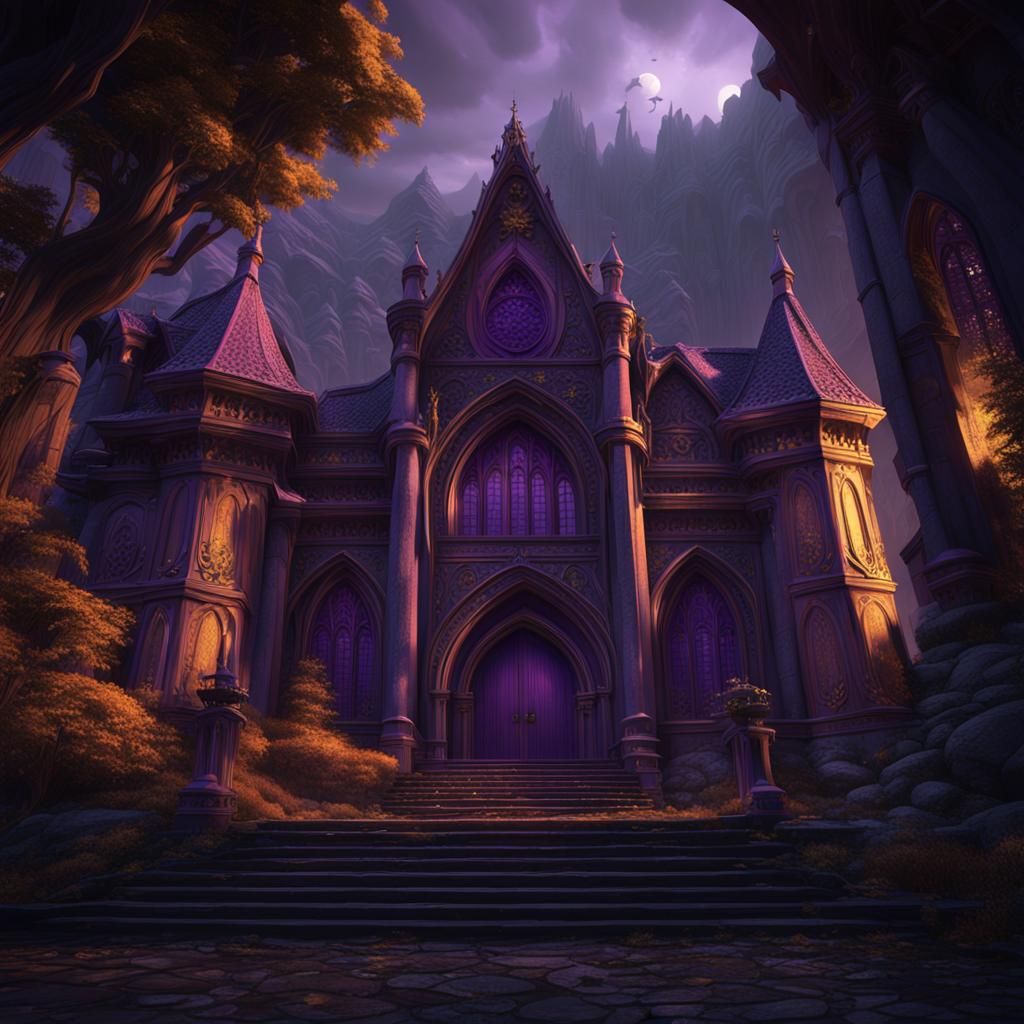 Gothic Mansion Under Dark Mountain, Fantasy Art