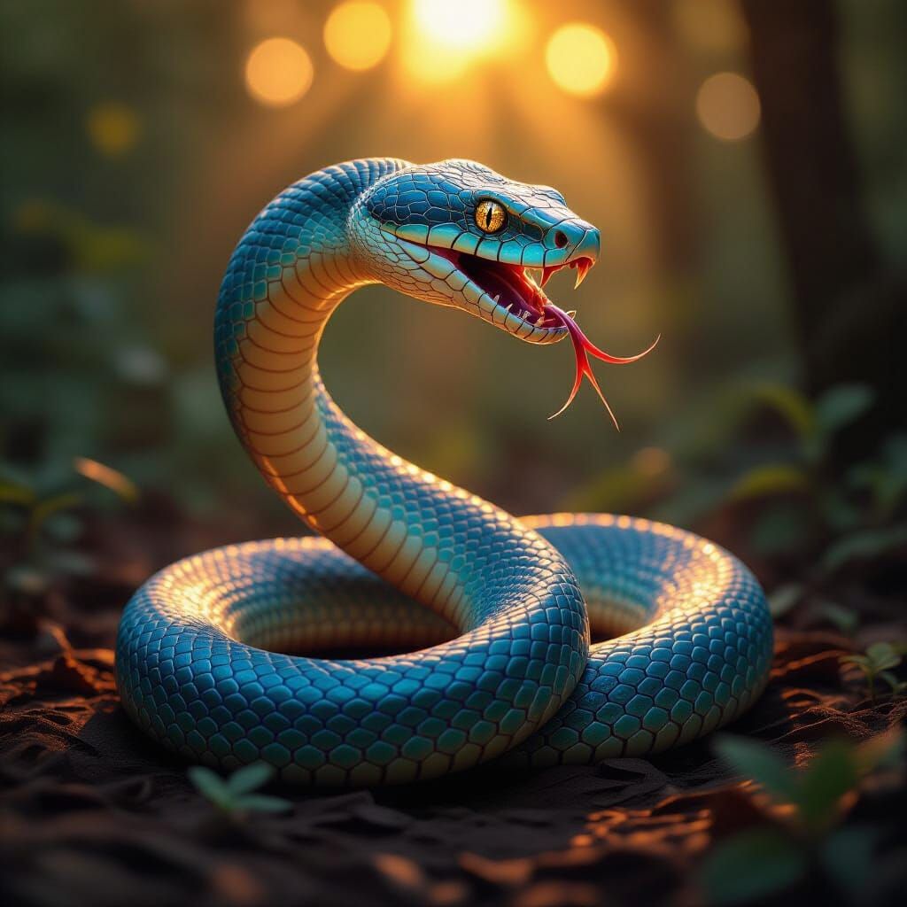 Iridescent Serpent Rears Up in Golden Hour Light