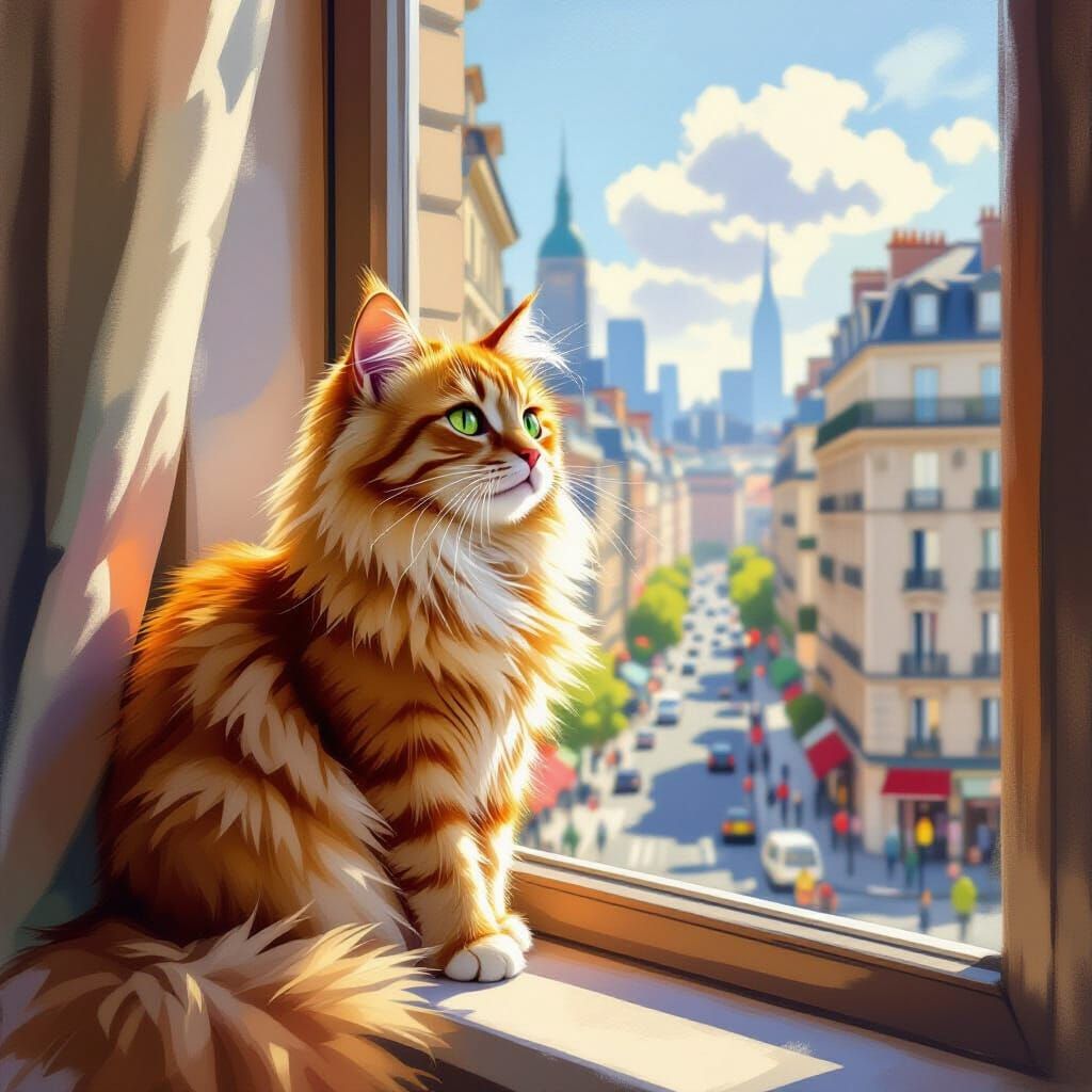 Fluffy Ginger Cat on Windowsill in Monet Style