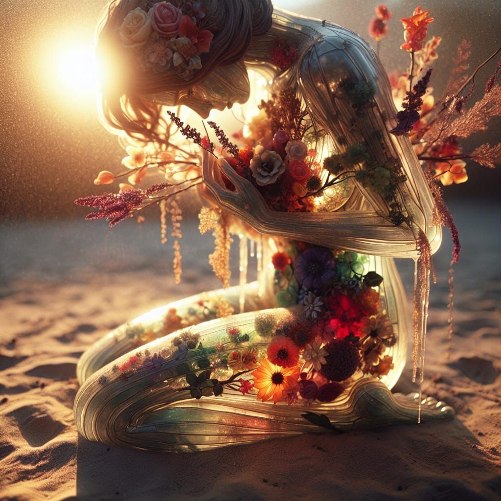 Glass Woman Filled with Flowers at Sunset