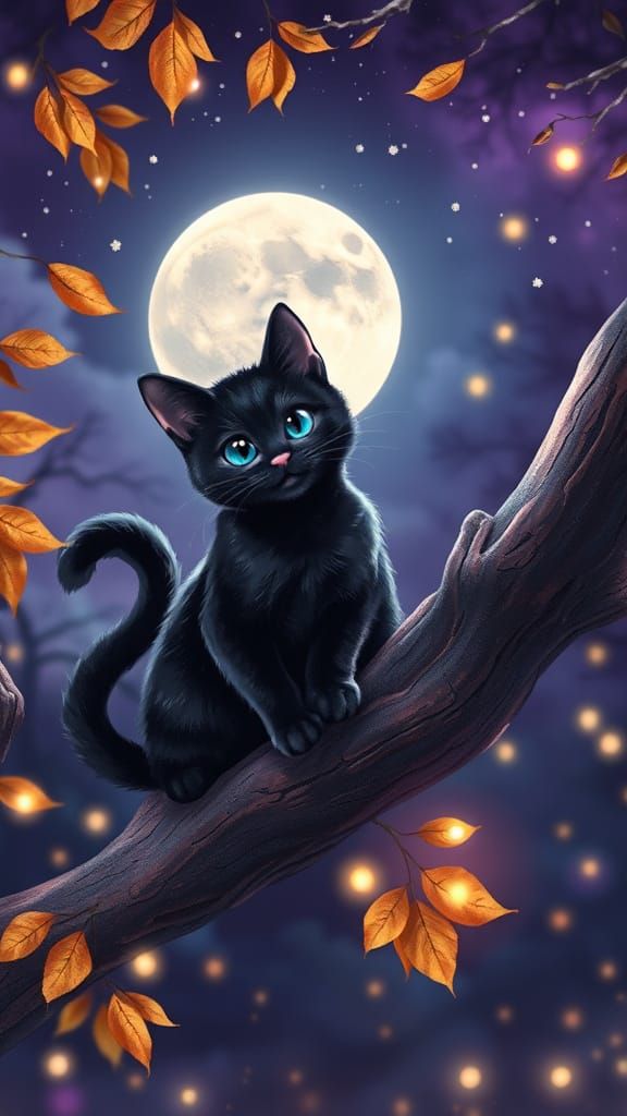 Black Cat Under Starry Sky Watercolor Illustration