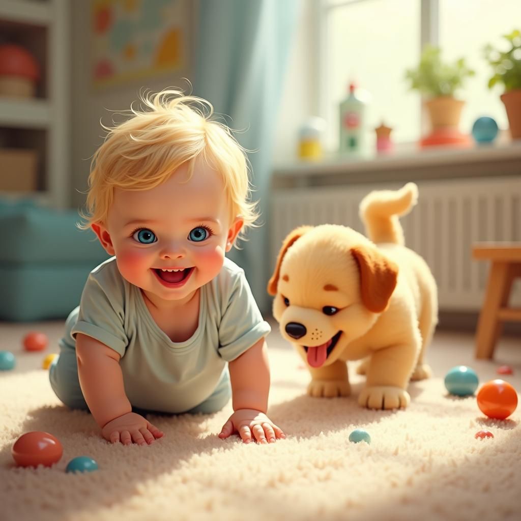 Baby Boy and Golden Retriever Puppy Playing Joyfully