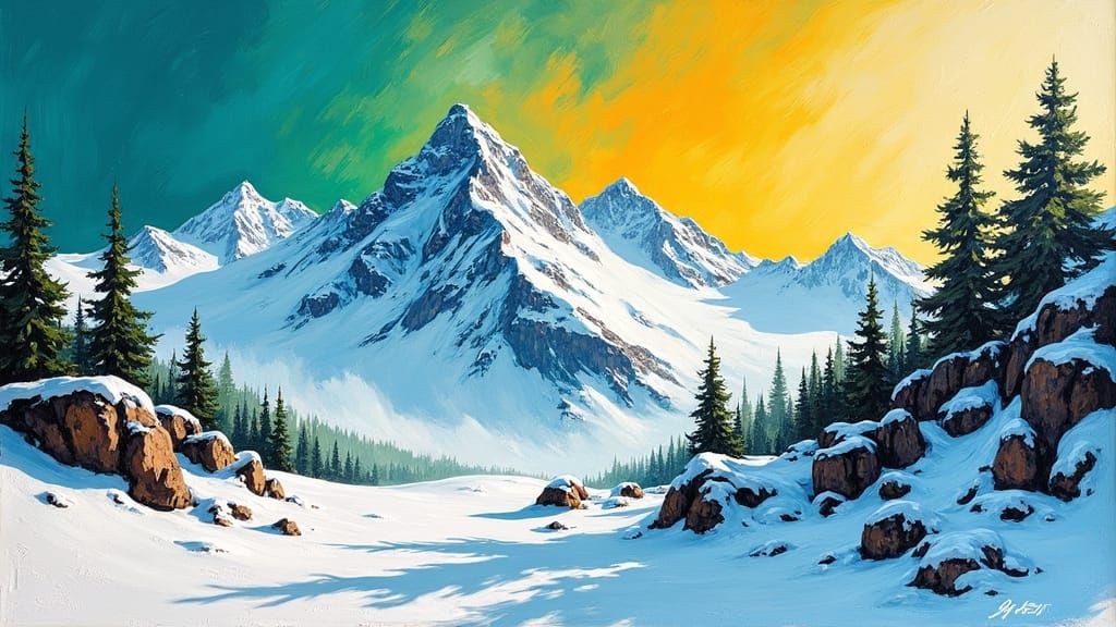 Vibrant Snow Mountains in Fauvist Style