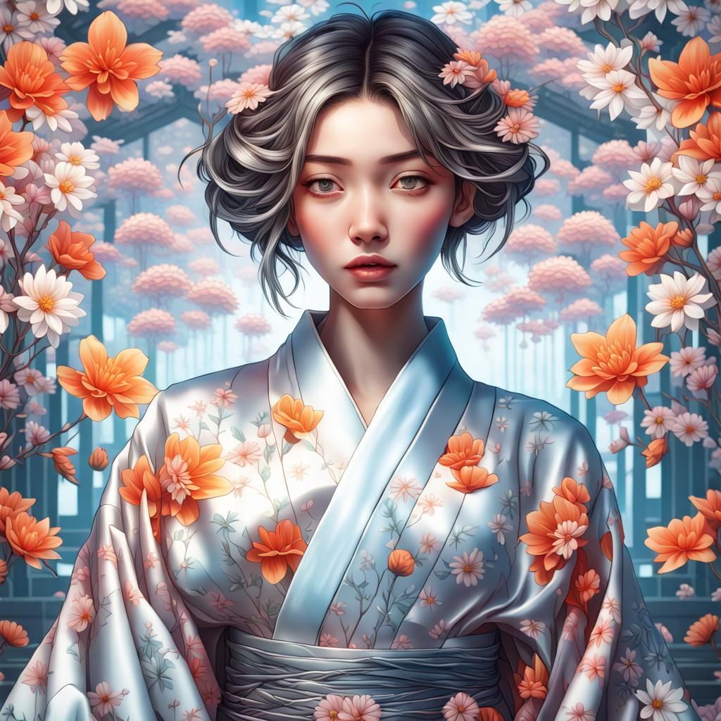 Girl in Floral Kimono, Hyperrealistic Style