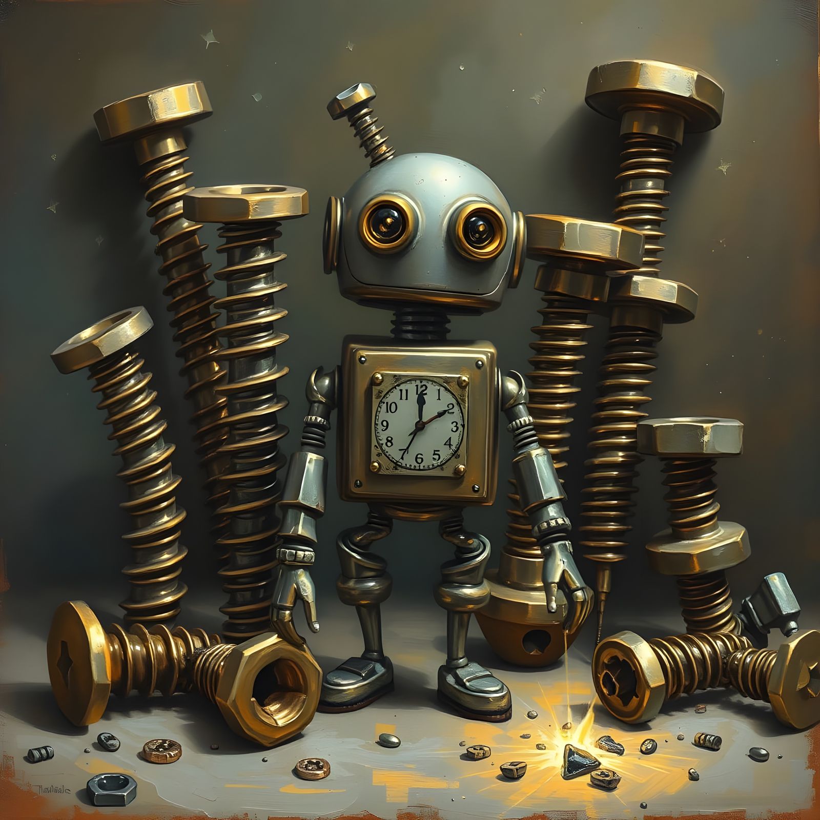 Whimsical Robot Assembled From Antique Screws