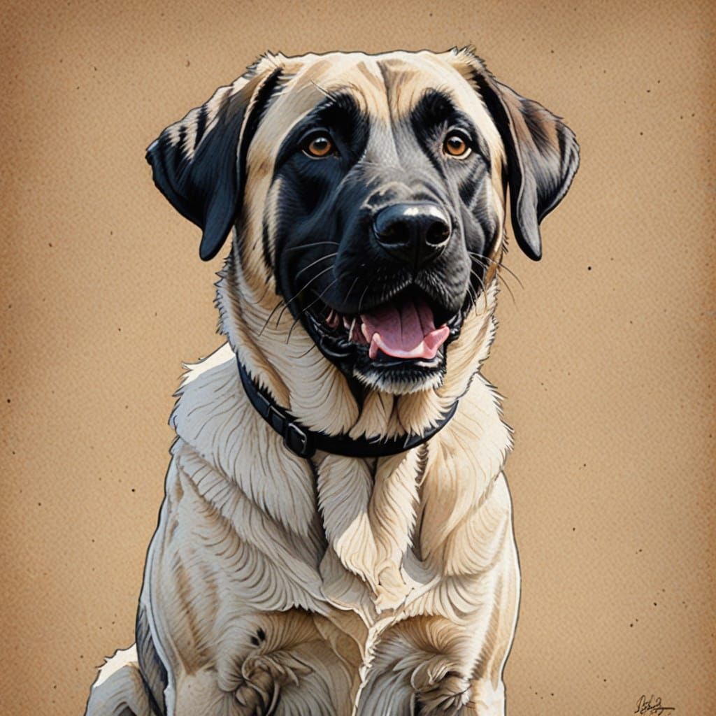 Joyful Anatolian Shepherd Portrait in Expressive Pencil Draw...