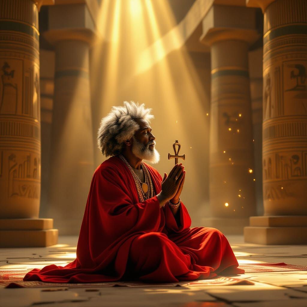 Man in Red Robe Praying in Egyptian Temple with Ankh