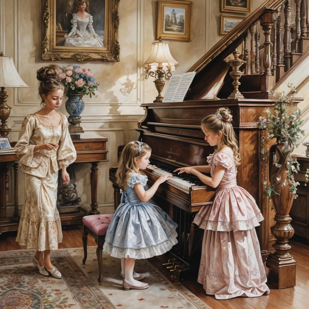 Princess Plays Piano Watercolor Painting