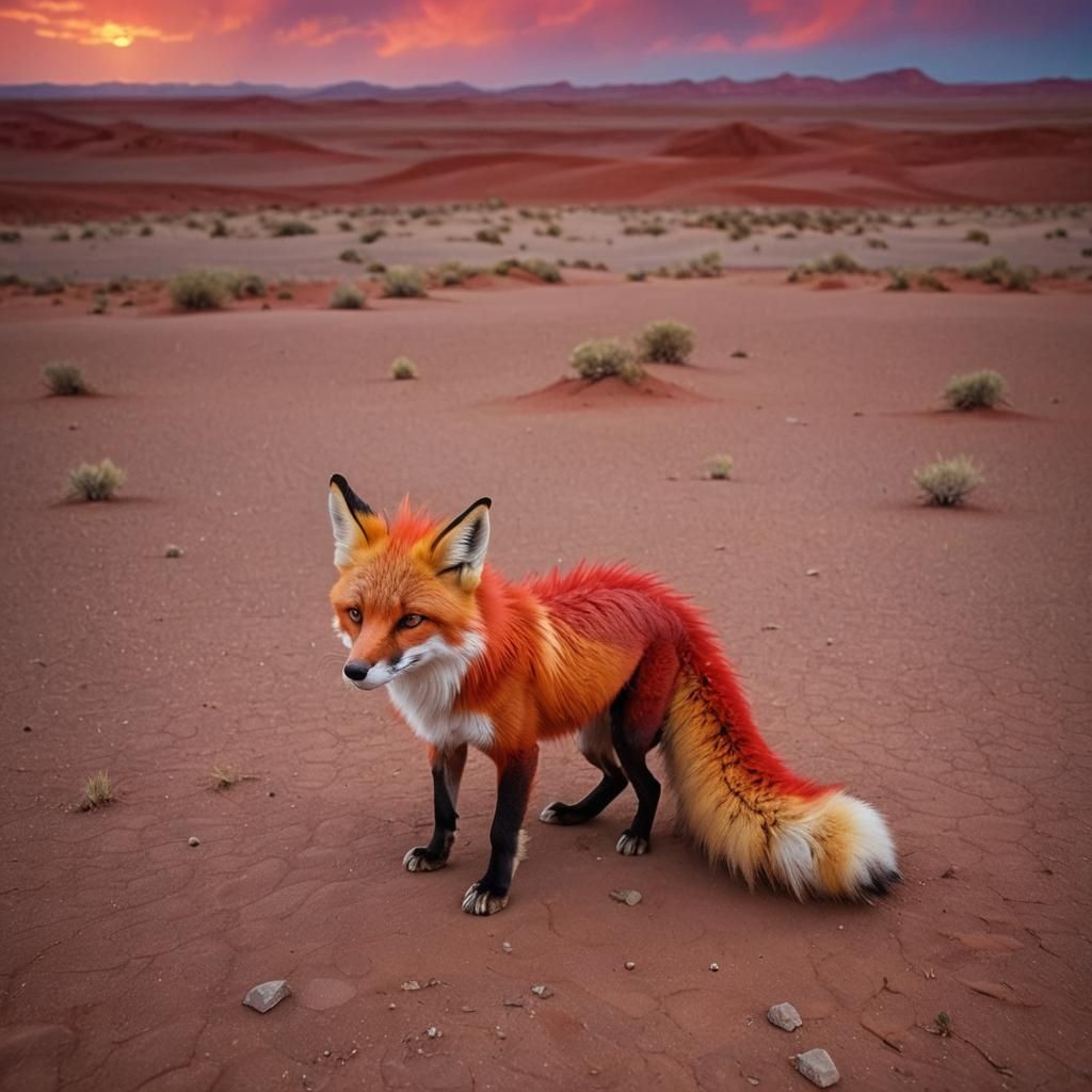 Red Dragon Fox in a Desert Under Multicolored Sky