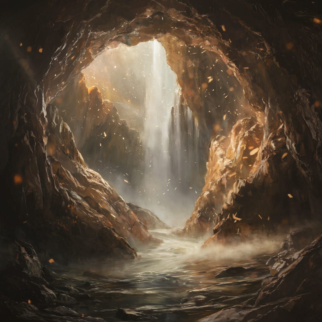 Surreal Cave Entrance with Luminous Waterfall in Chiaroscuro...