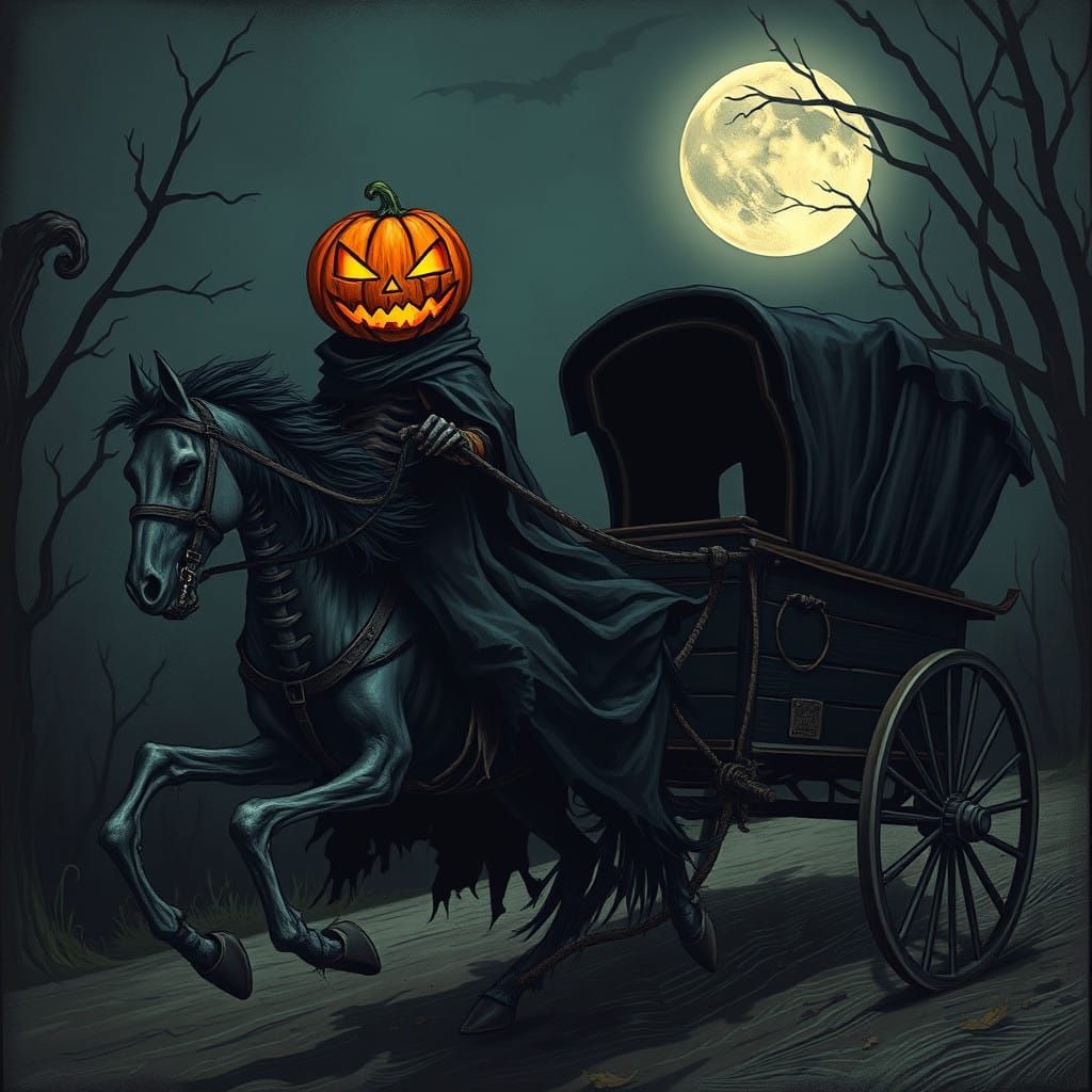 Skeletal Figure in Gothic Carriage, Autumn Moonlight