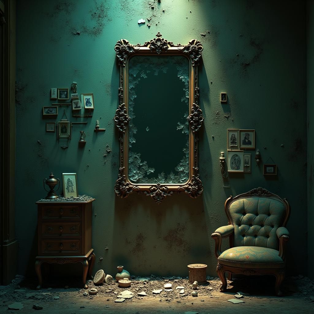Mysterious Dilapidated Mansion with Shattered Mirror