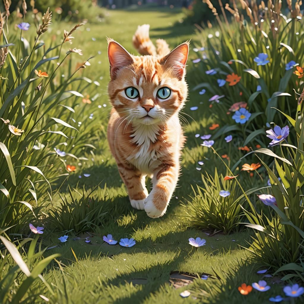 Cat Walking in Grass: 3D Digital Art