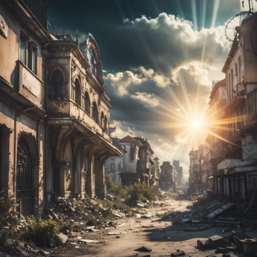City of Varna in Bulgaria post apocalyptic scene, heavenly sunshine beams divine bright soft focus holy in the clouds Pr...