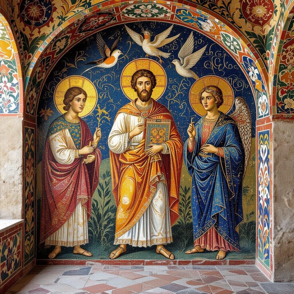 Byzantine Fresco Mural with Mosaic Details