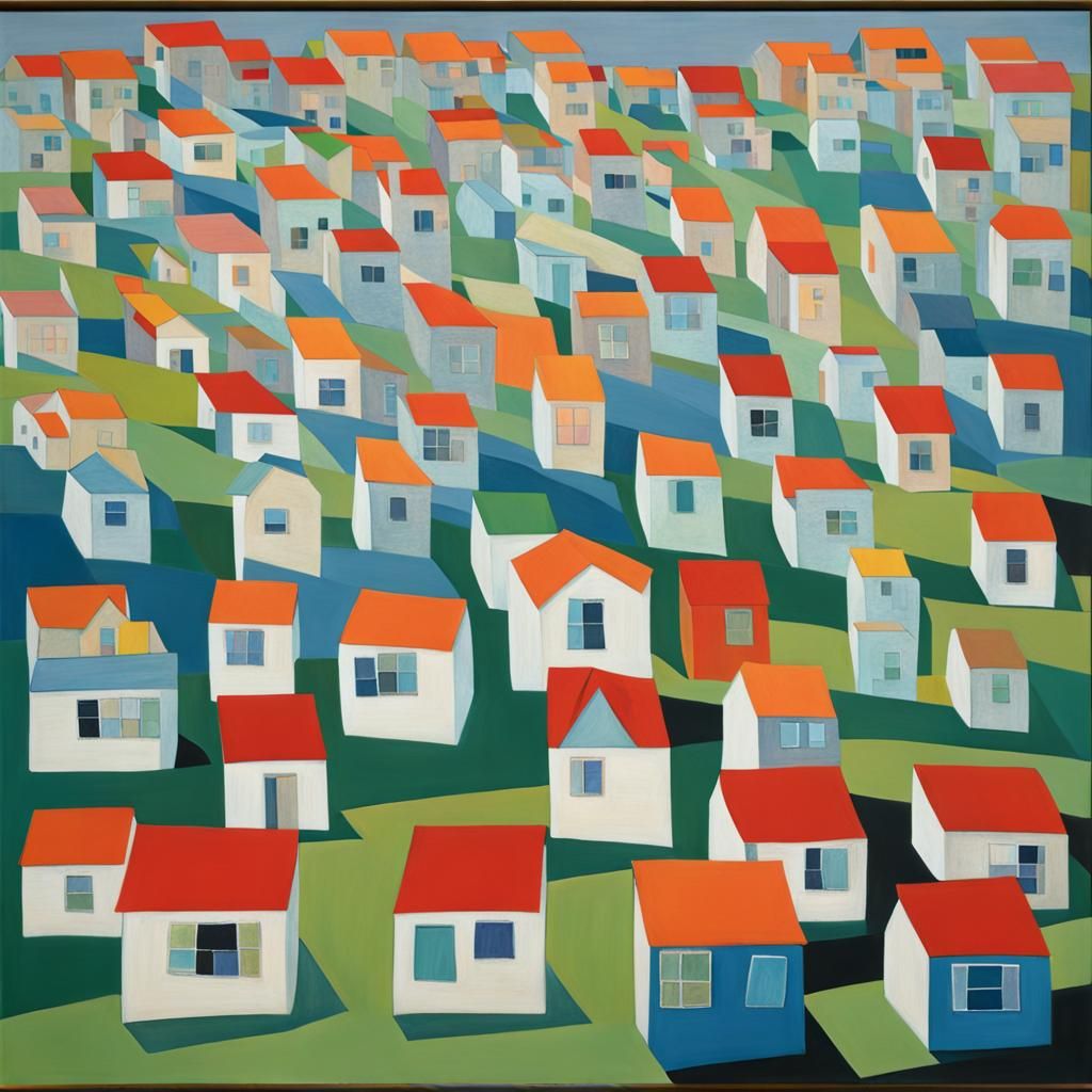 Abstract Hillside Houses in Complementary Colors
