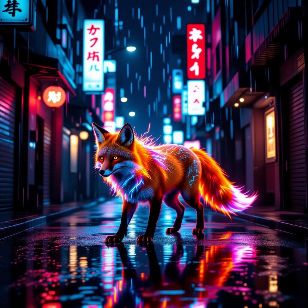 Cybernetic Fox in Neon Tokyo Alley