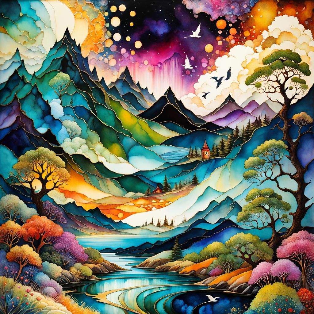 Nebula Cat in Dilapidated Mansion: Alcohol Ink Art