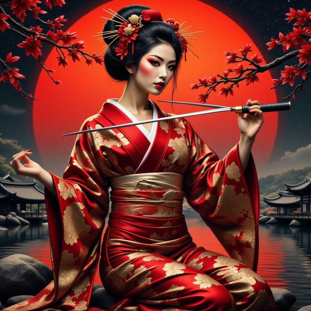 Geisha Warrior Katana Slice in Hokusai Style