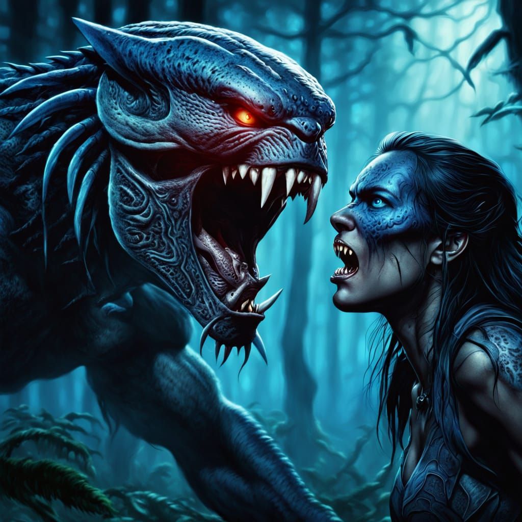 Dark Fantasy Predator Hunts Prey in Misty Forest