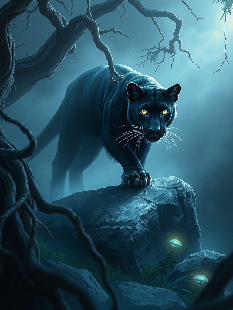 Mystical Highland Panther in Dreamlike Jungle Scene