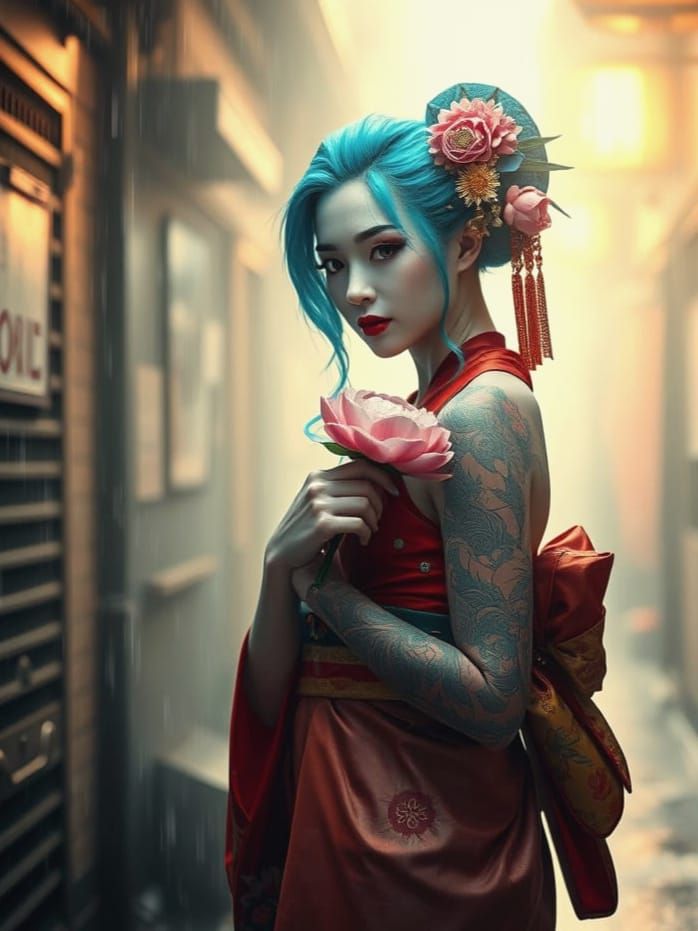 Cyberpunk Geisha with Neon Tattoos in Rainy Alley