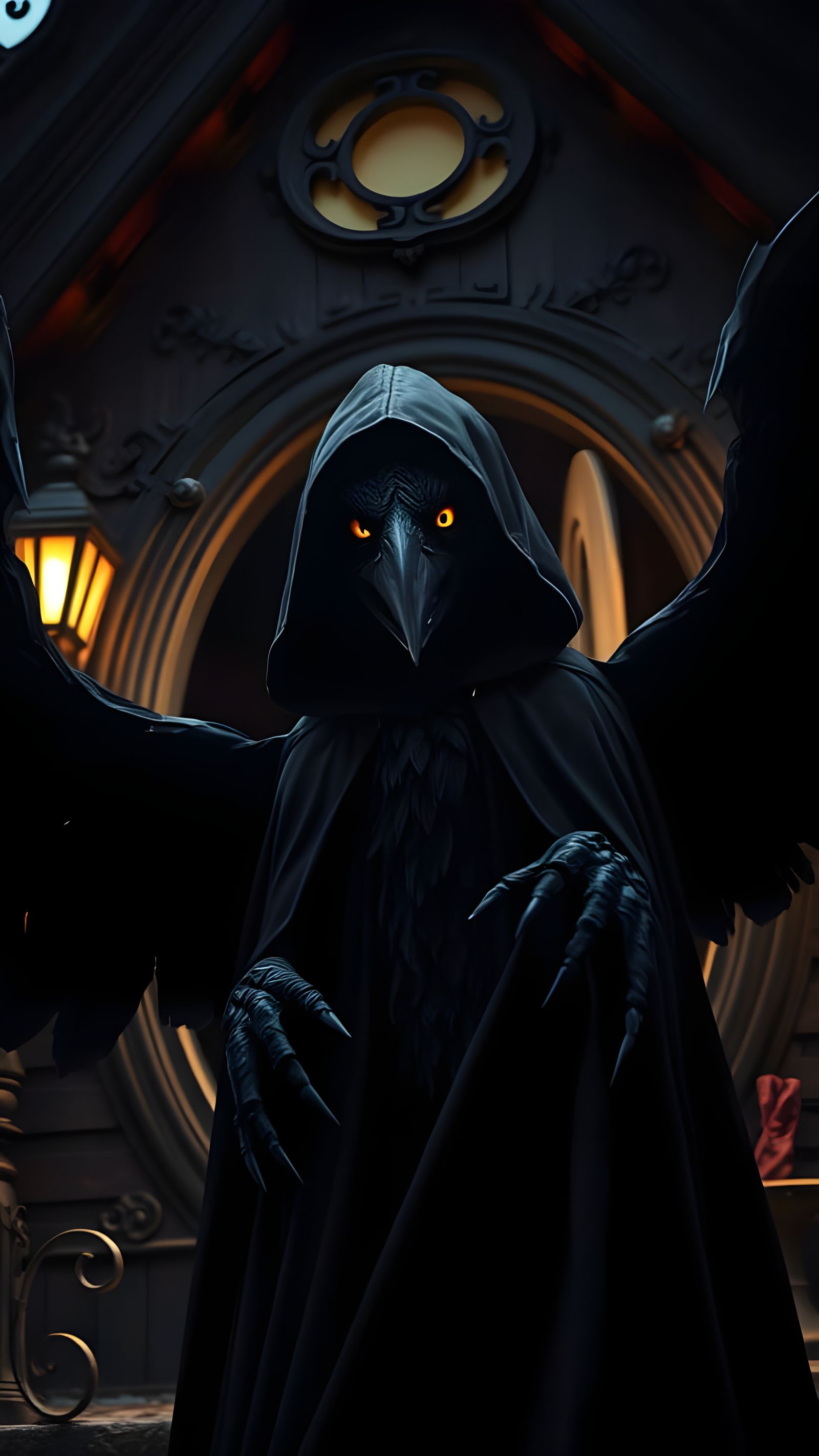 Terrifying Raven Woman Outside Gothic Birdhouse