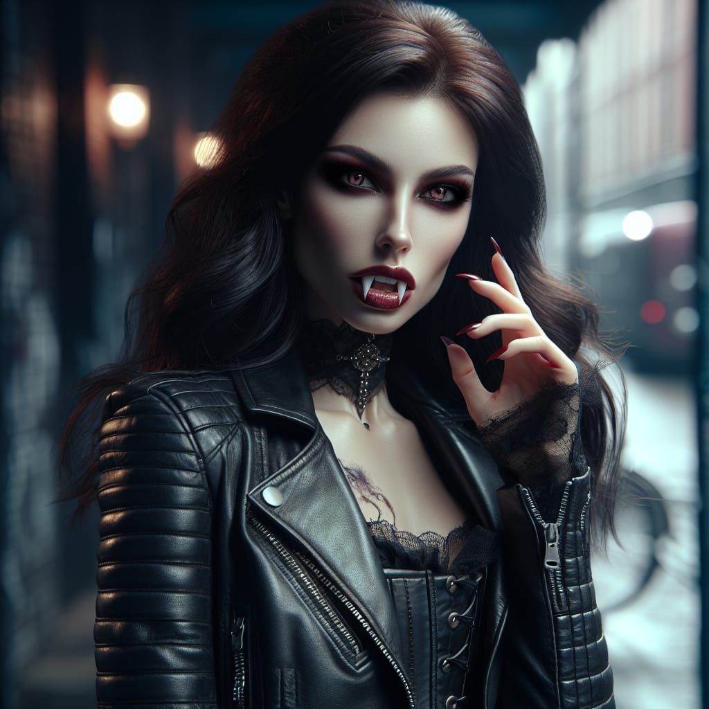 Hyperrealistic Vampire Woman in Leather Jacket