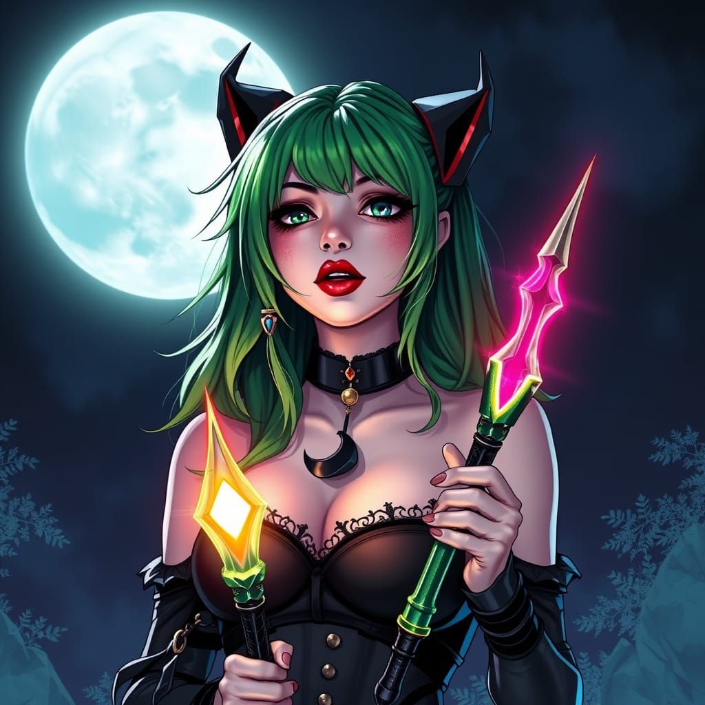 Gothic Hex Girl with Glowing Wand in Moonlight