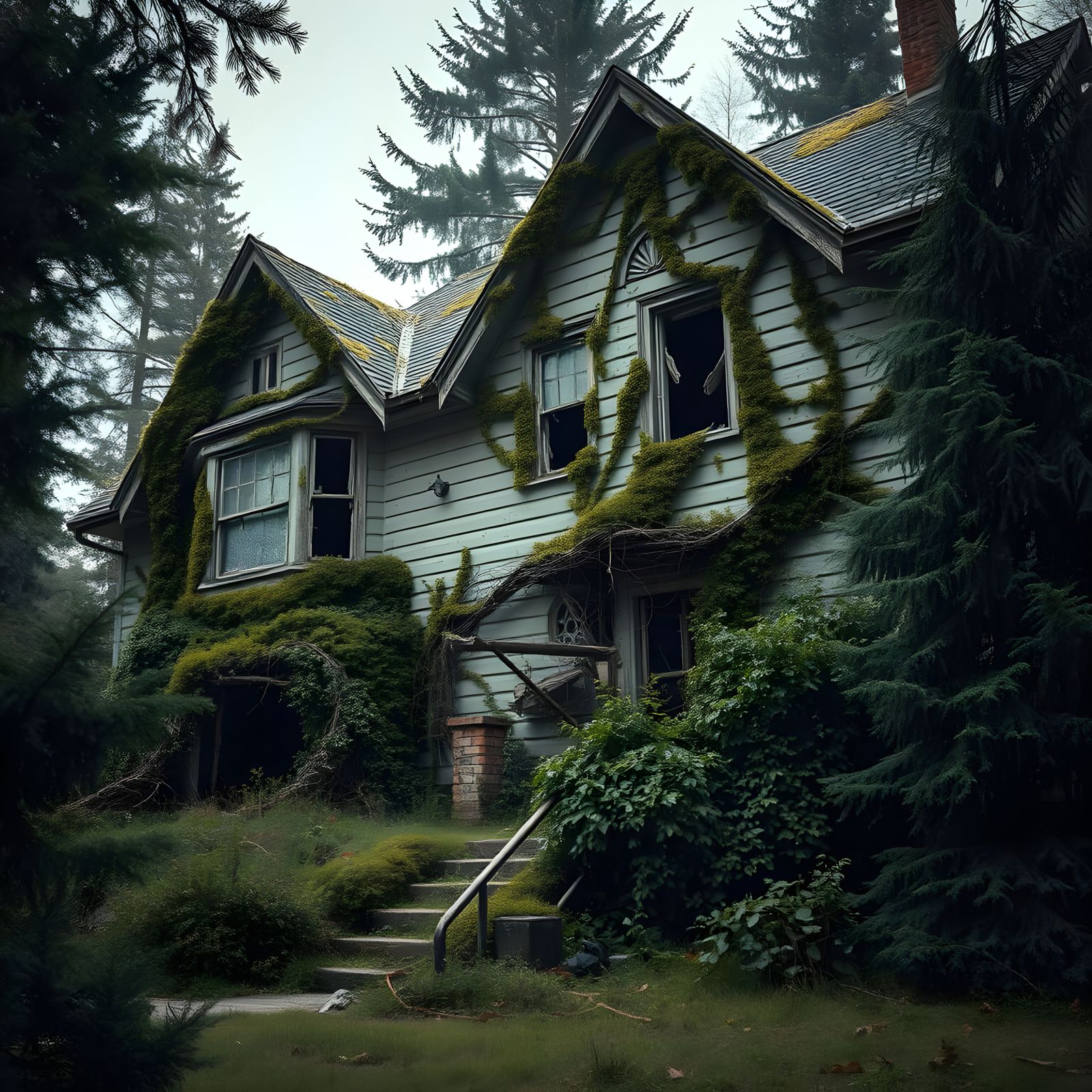 Abandoned Mansion Consumed by Nature in Photorealistic Digit...