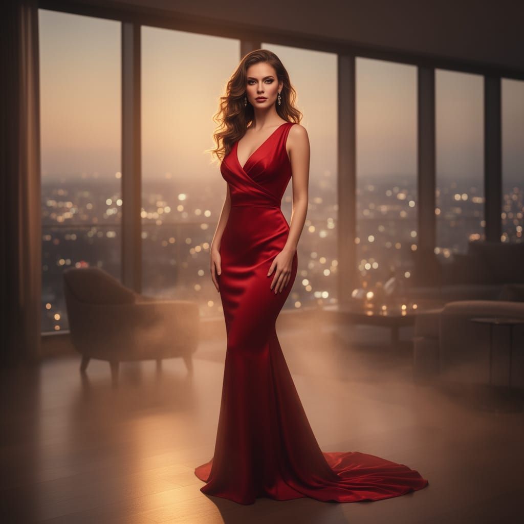 Elegant Woman in Red Gown at Golden Hour