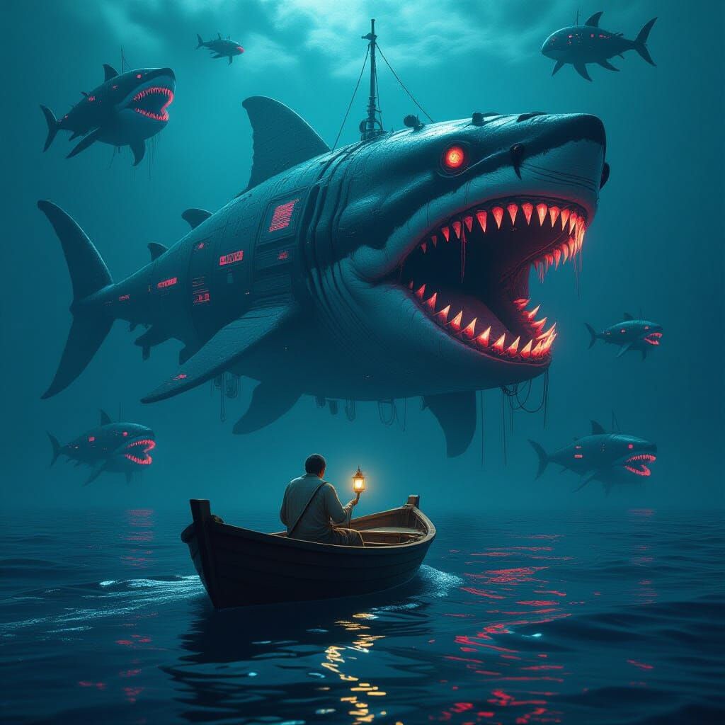 Lone Sailor vs. Technological Sea Monsters in Dark Ocean