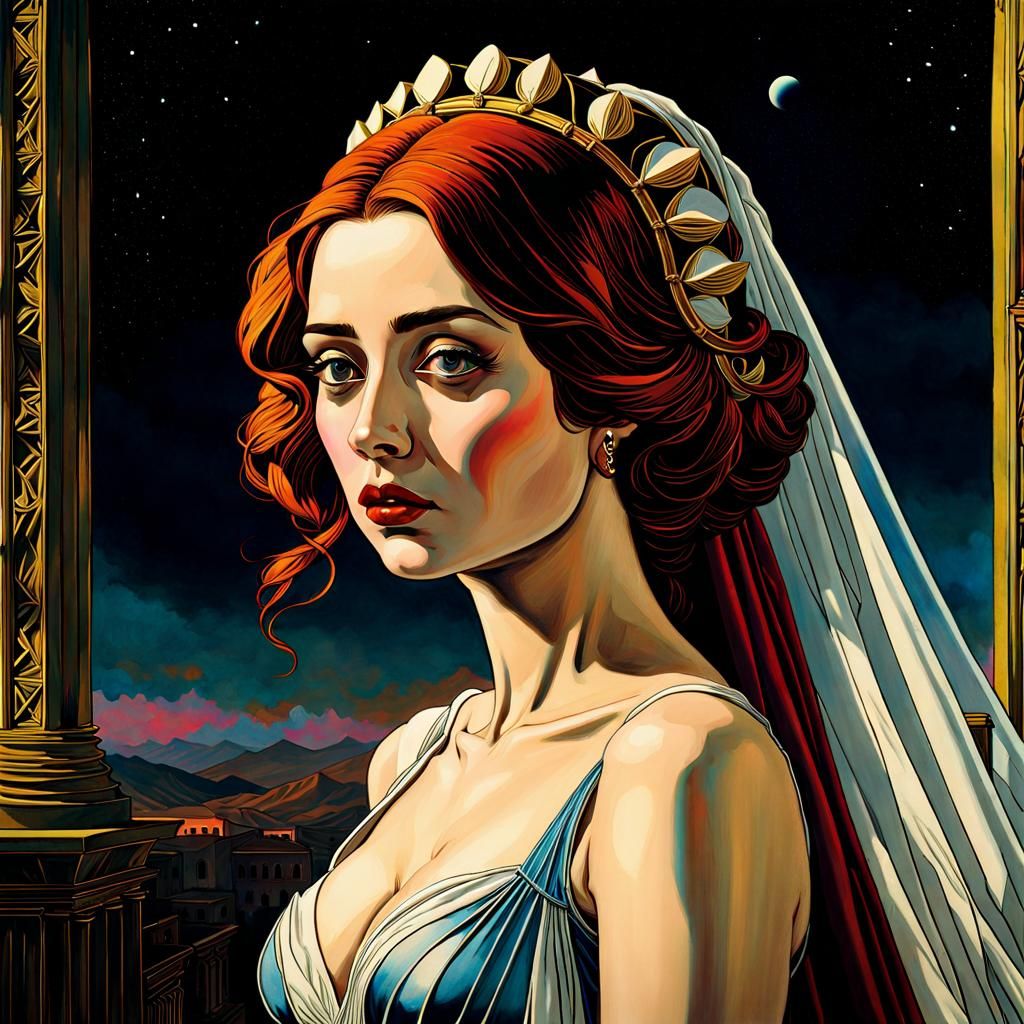 Melancholy Bride in Watercolor, Neo-Primitivism Style