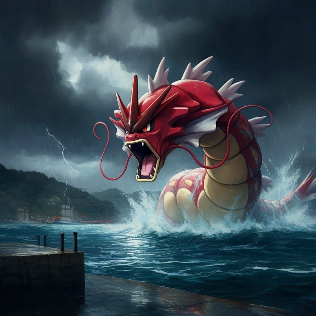Furious Gyarados Breaches Harbor in Tempestuous Storm
