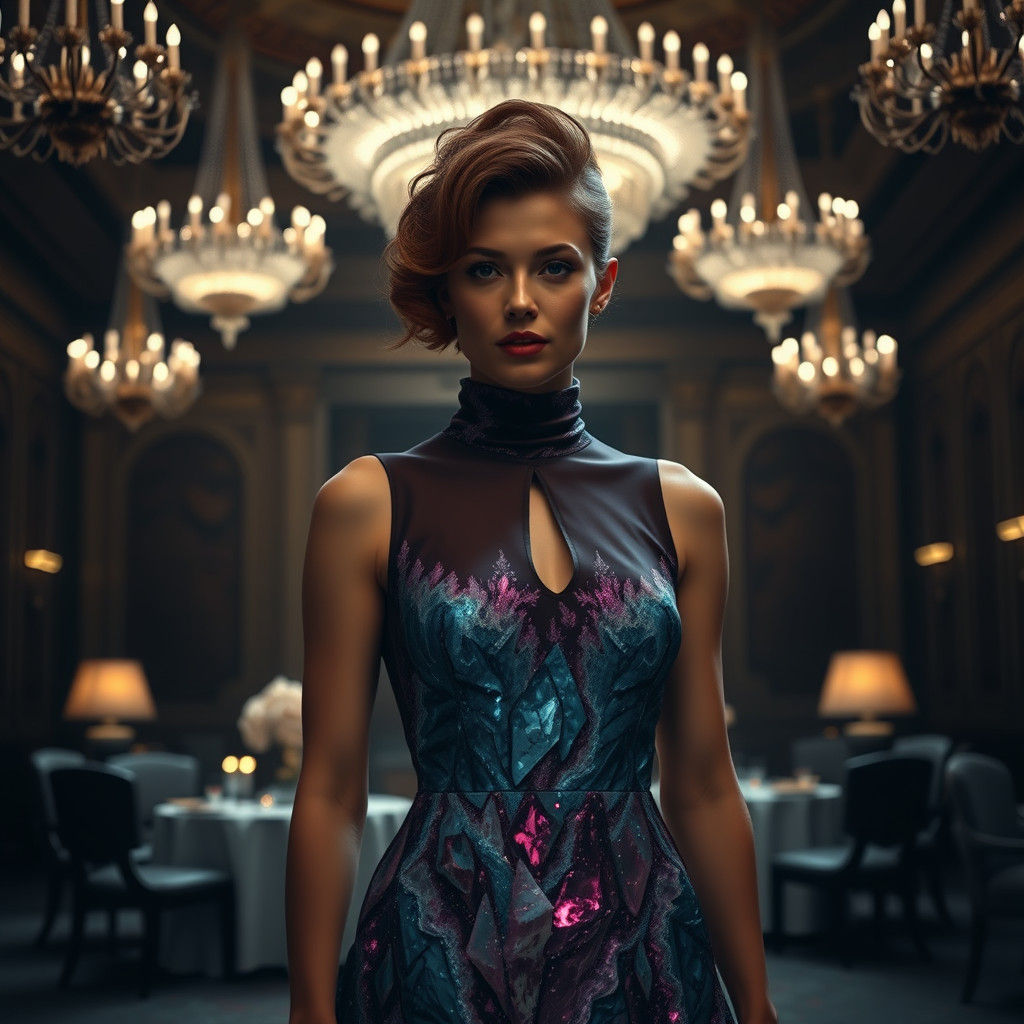 Crystalline Dress in Grand Ballroom, Cinematic Lighting